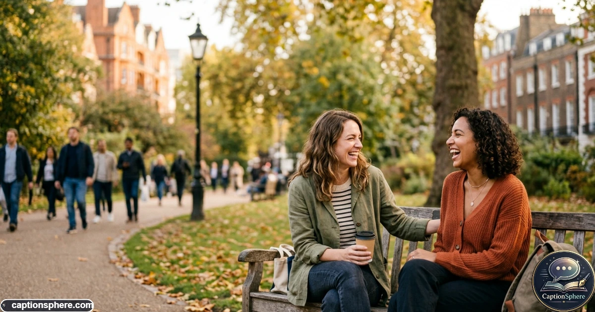 Two longtime friends smiling together during a relaxed outdoor afternoon