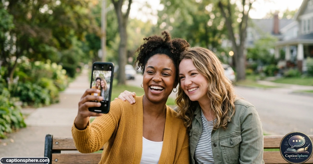 Two best friends smiling together while taking a casual outdoor selfie