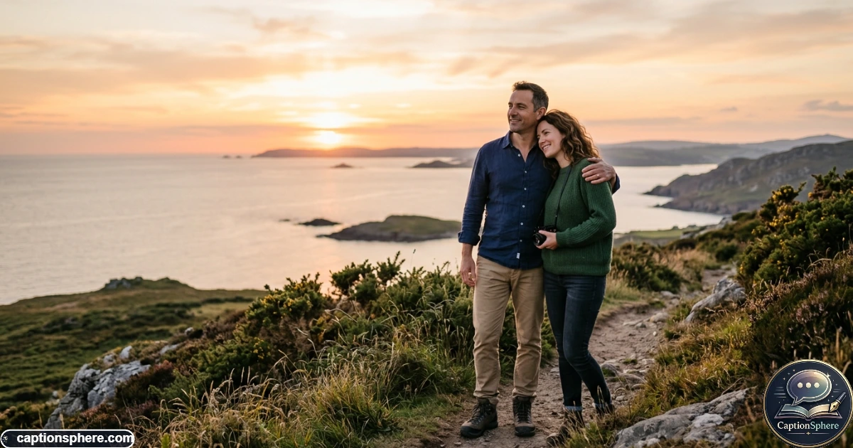 A happy couple enjoying a peaceful sunset moment during an outdoor adventure