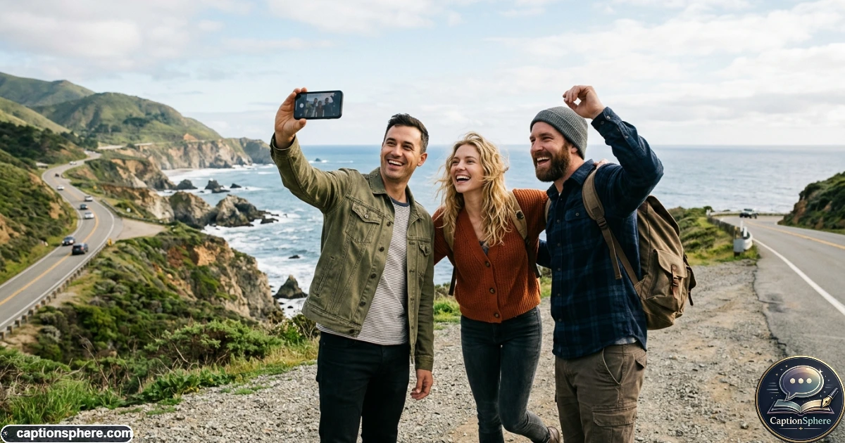Close friends taking a memorable travel photo during an outdoor trip