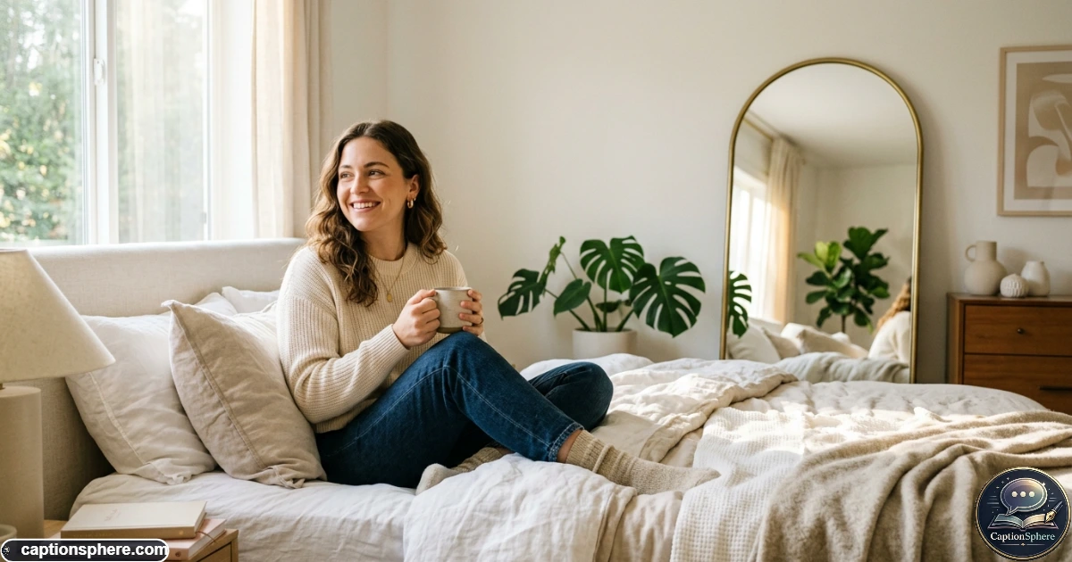 Confident woman smiling at herself during a peaceful self love moment