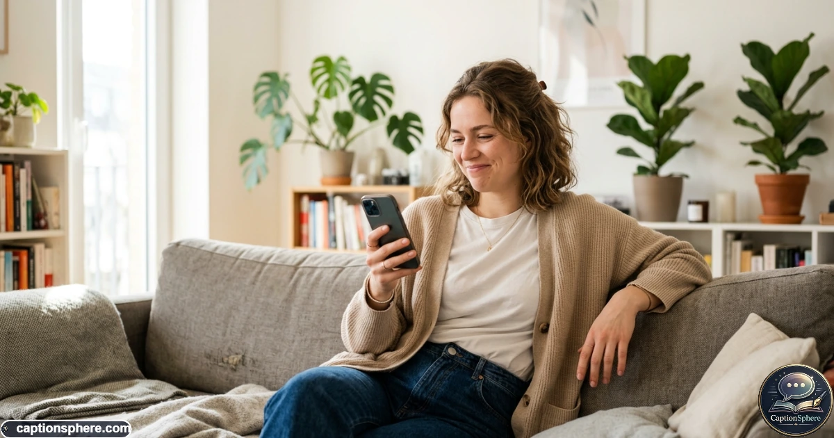 Playful young woman smiling at her phone during a confident selfie moment
