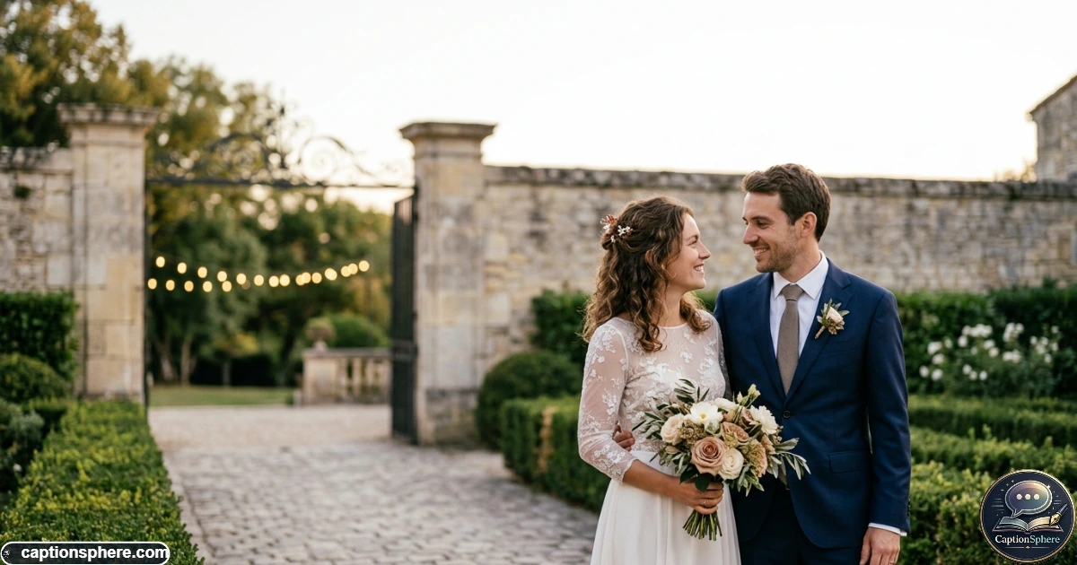 Newlywed couple smiling together during an elegant outdoor wedding portrait