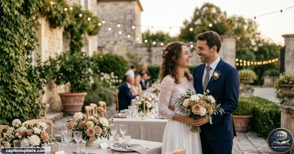 Newlywed couple smiling together during an elegant wedding celebration