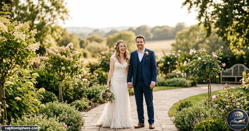 Bride and groom smiling together in a natural wedding day portrait
