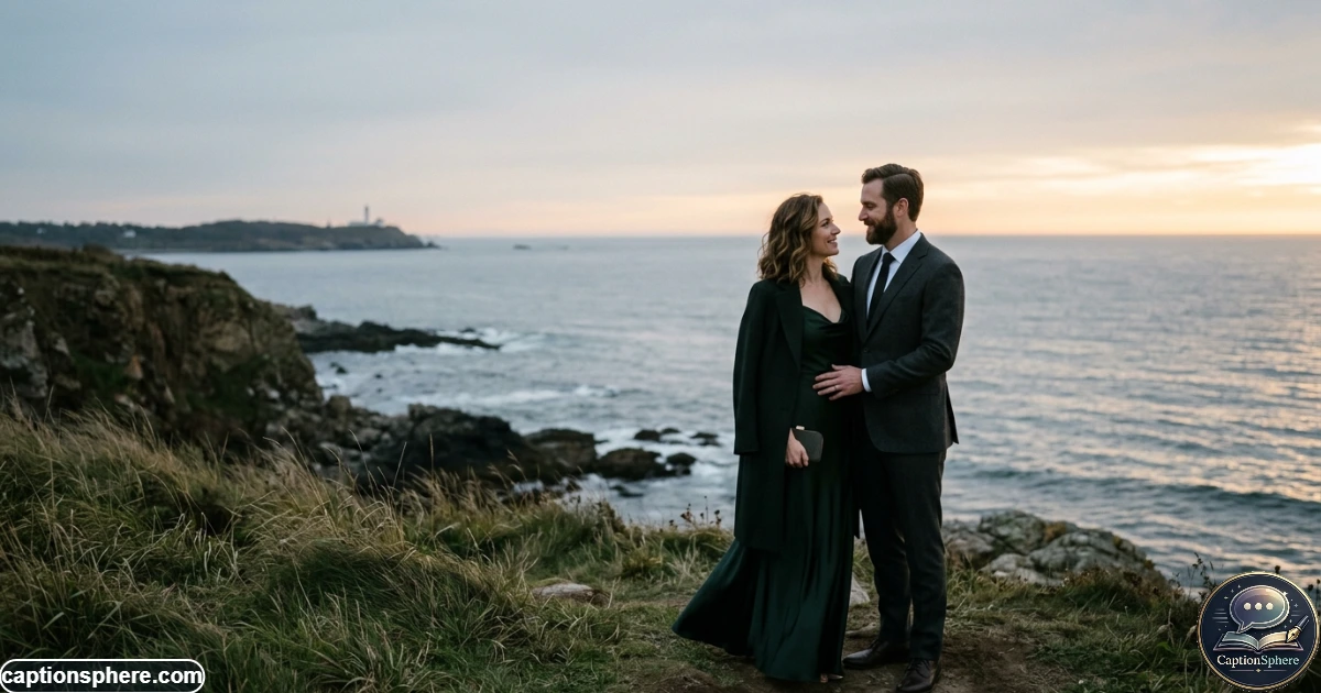 Elegant couple standing together beside the ocean during soft evening light