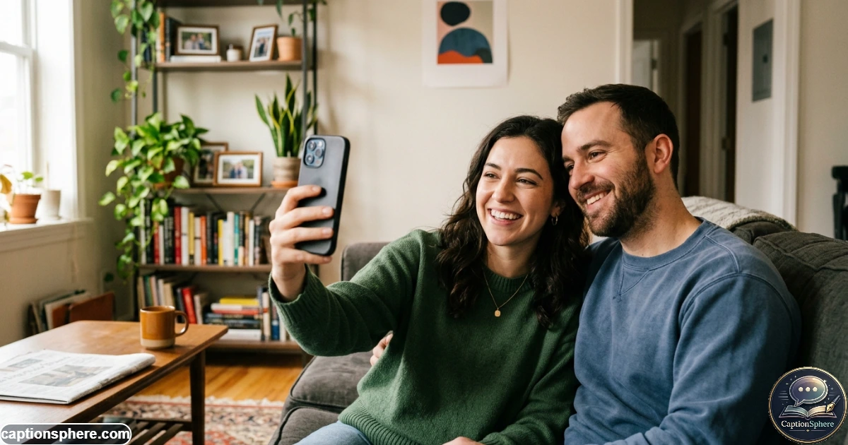 Couple taking a casual smartphone selfie together at home