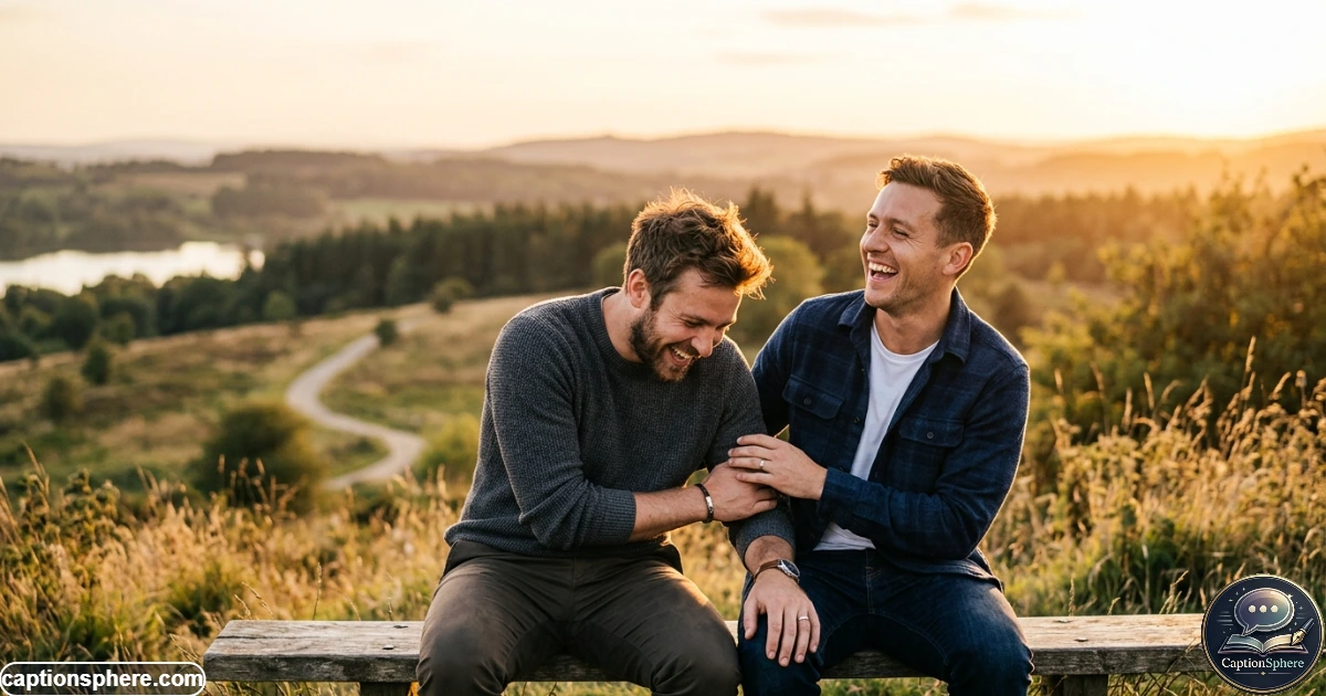 Two brothers laughing together during a relaxed outdoor photo