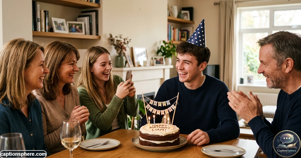 Brother celebrating his birthday with family in a warm indoor setting