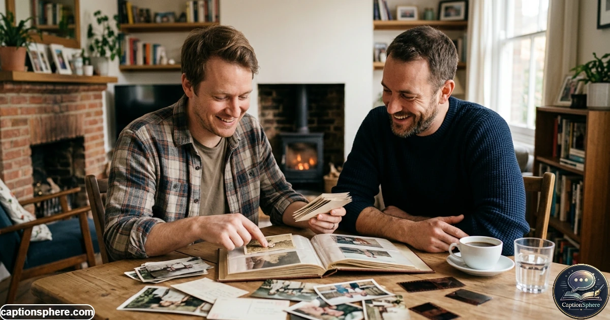 Two brothers looking at childhood photographs and sharing memories
