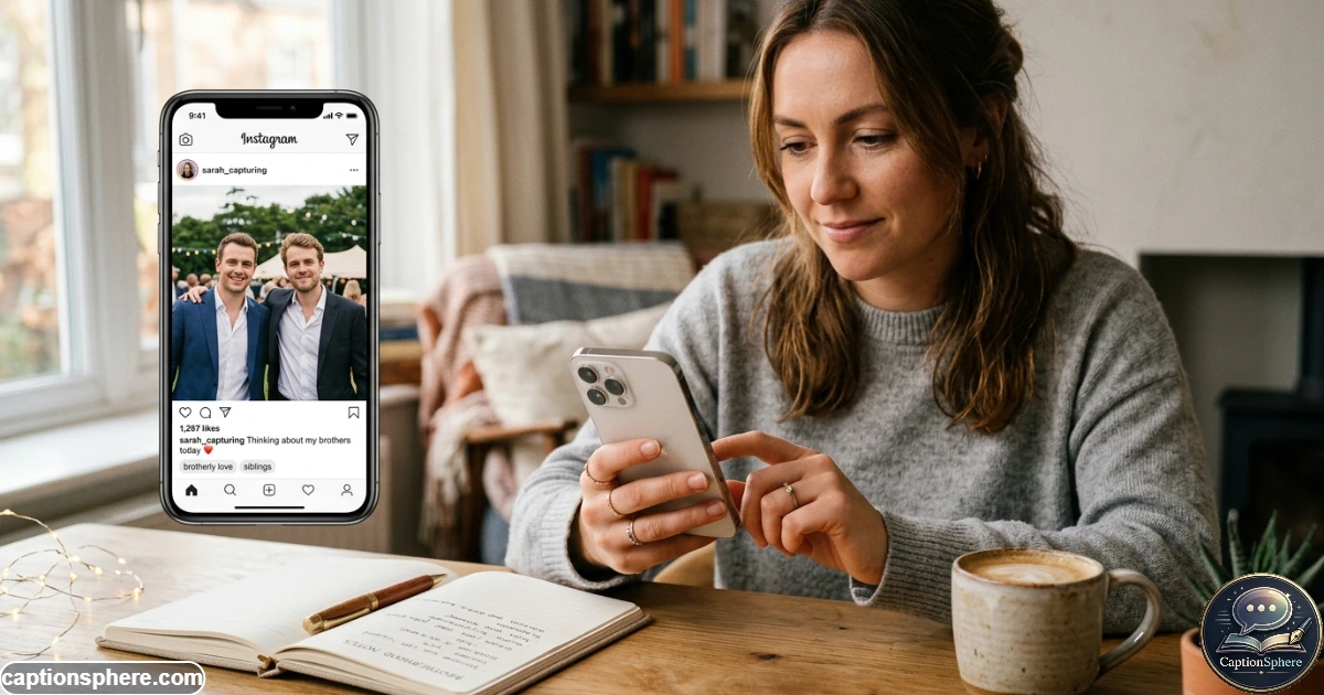Person selecting a caption while viewing a brother photo on a smartphone