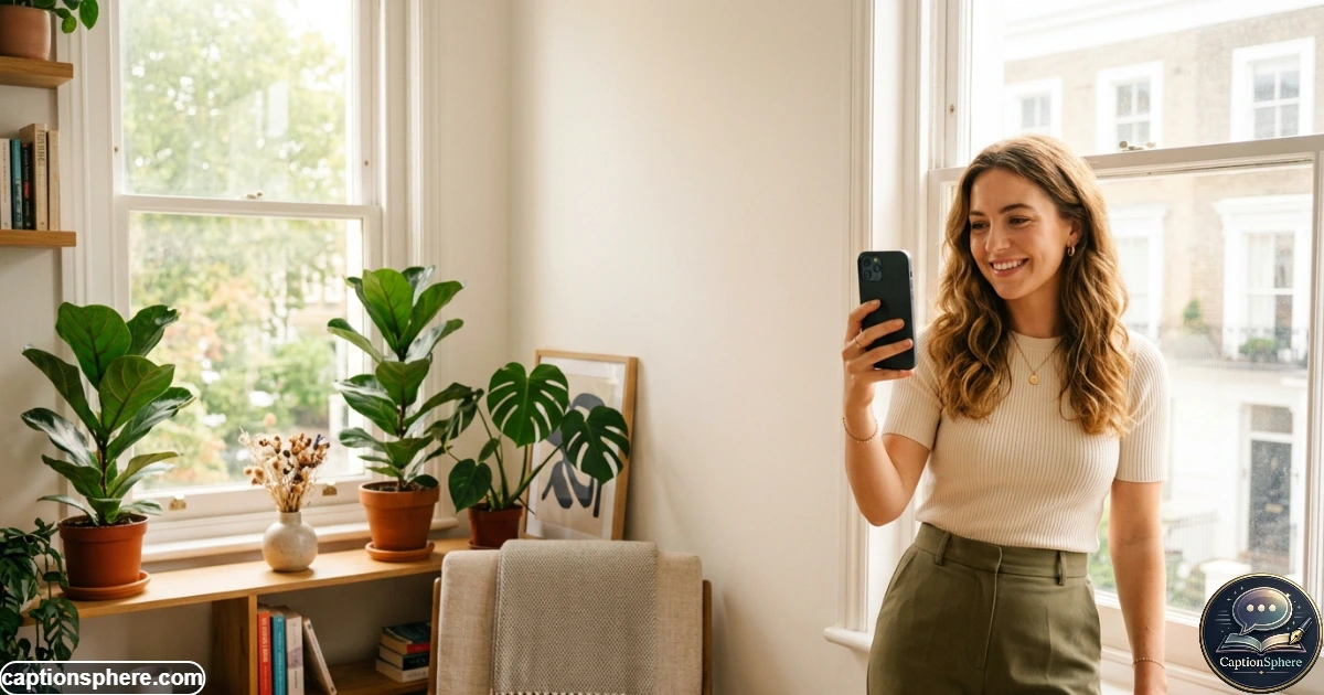 Woman smiling while taking a confident selfie in natural light