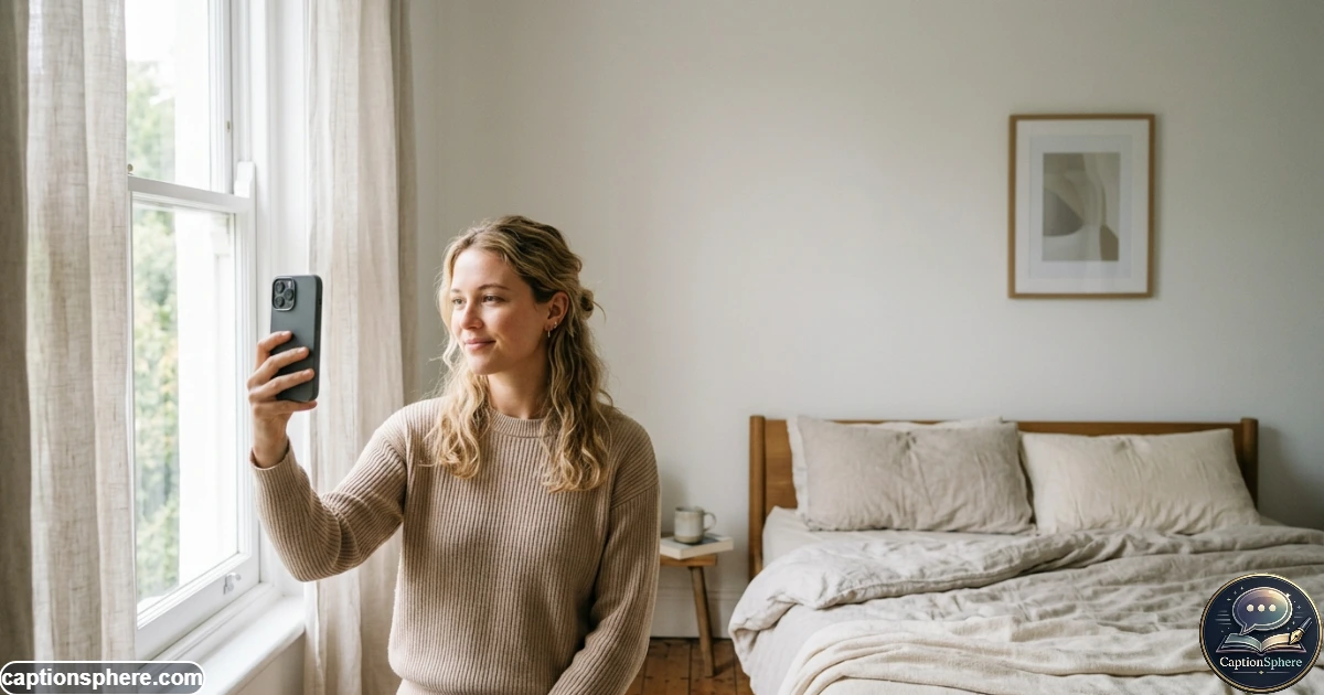 Woman taking a simple self portrait beside a bright bedroom window