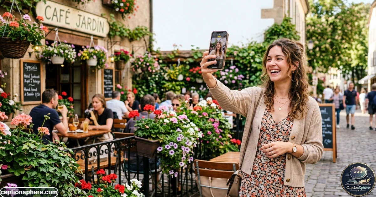 Smiling woman taking a playful selfie beside colorful flowers