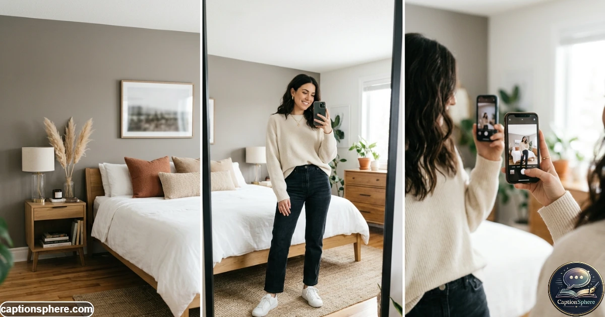 Woman taking a stylish mirror selfie in a bright modern bedroom