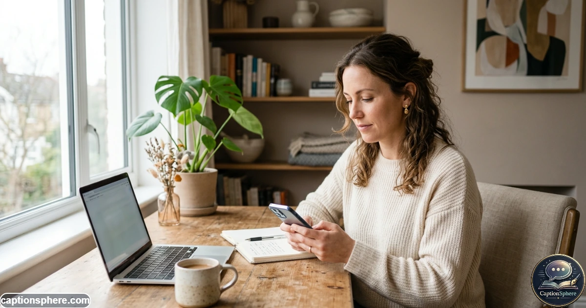 Woman choosing words for a social media post on her smartphone
