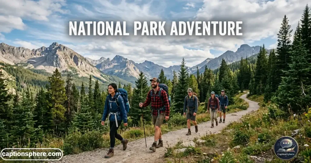 Hikers walking along a scenic trail through a national park with mountain views.