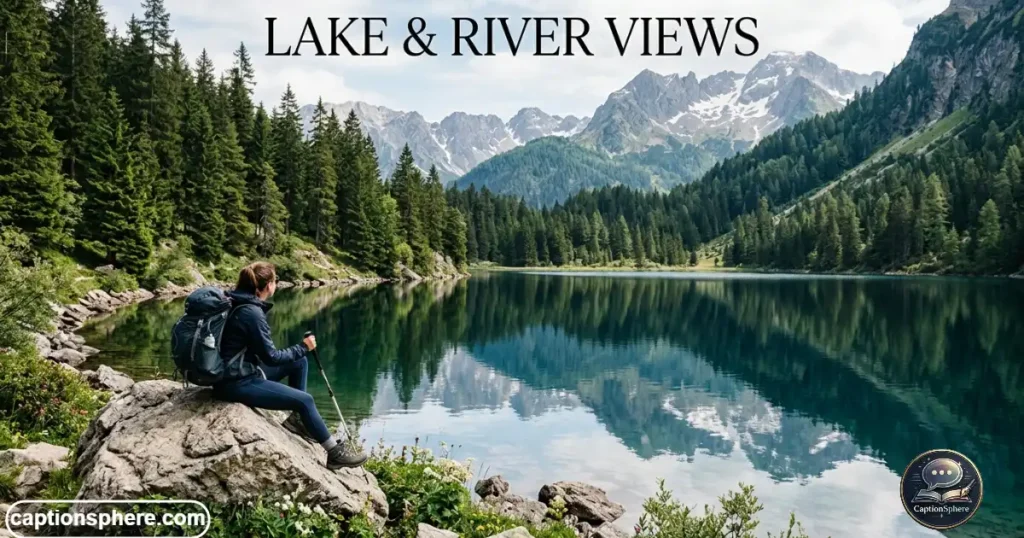 Hiker relaxing beside a calm mountain lake with surrounding pine trees.