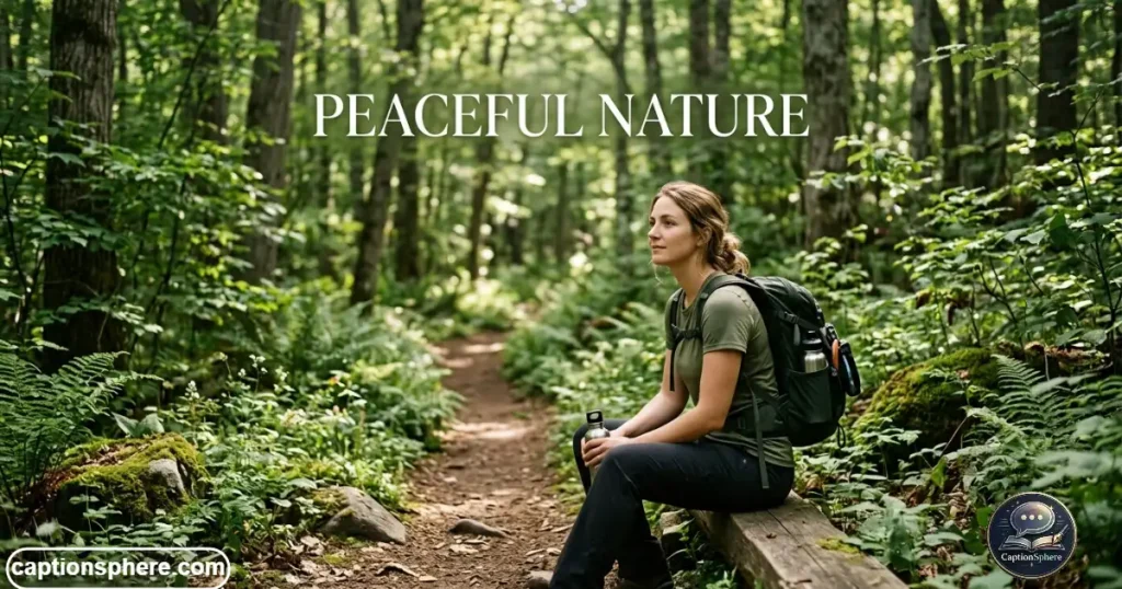 Person sitting peacefully on a forest trail surrounded by tall trees.
