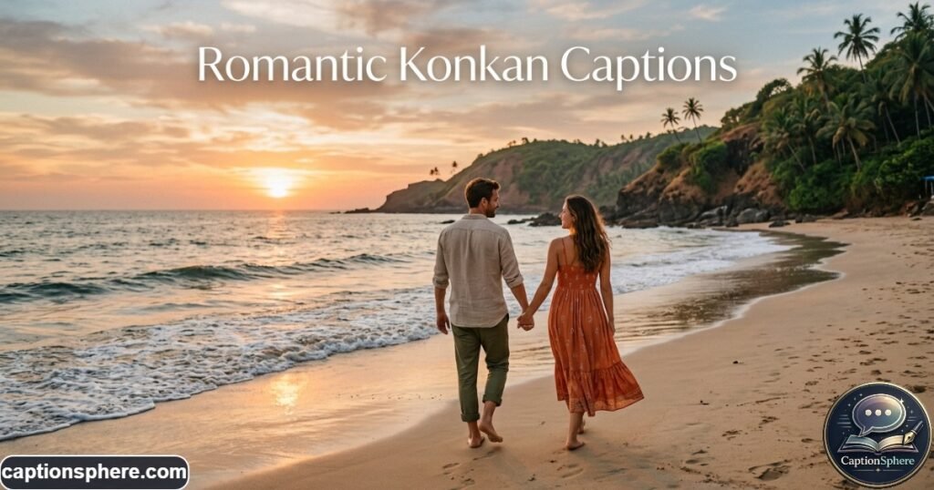 Couple walking hand in hand along a sandy Konkan beach at sunset
