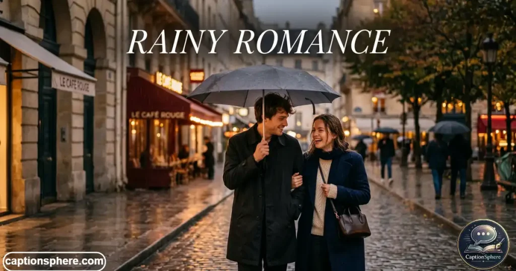 Couple sharing an umbrella while smiling during gentle rainfall.
