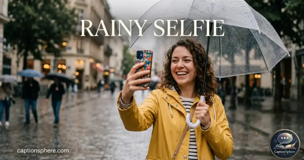 Person smiling while taking a selfie during light rain outdoors.