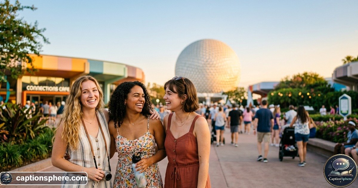 Friends posing at EPCOT near Spaceship Earth with a colorful Disney park background