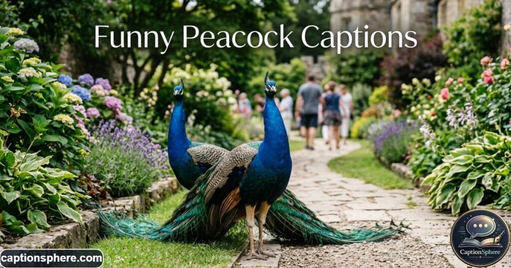 Peacock looking toward a camera beside a garden walkway