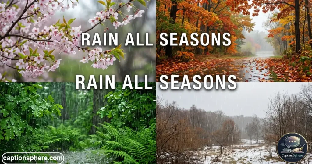 Landscape showing spring flowers, summer rain, autumn leaves, and winter drizzle.