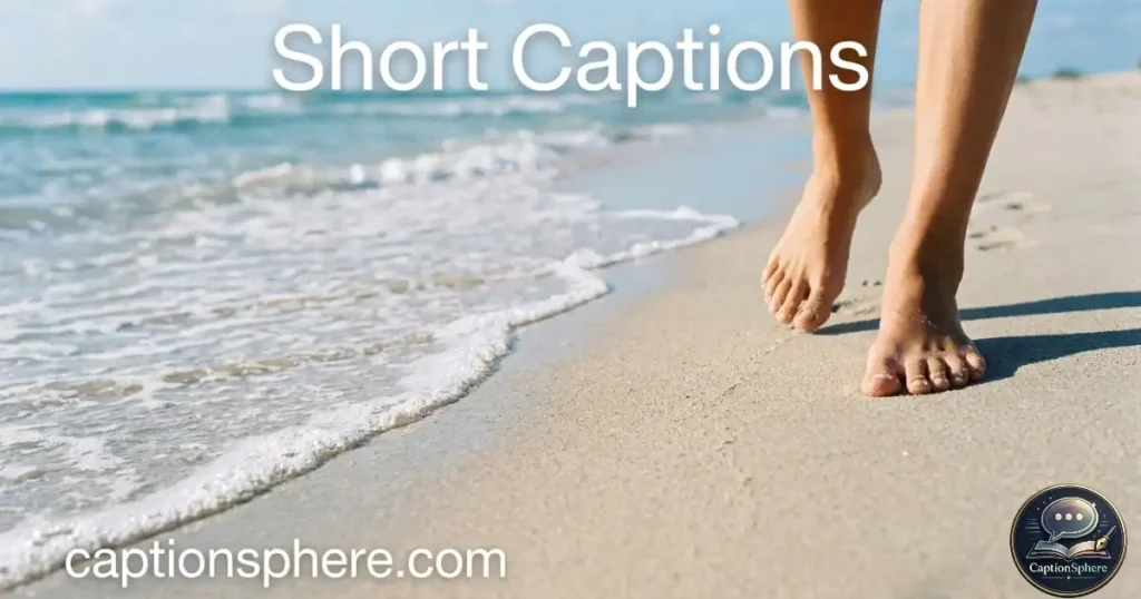 Bare feet standing on smooth golden sand beside calm shoreline.