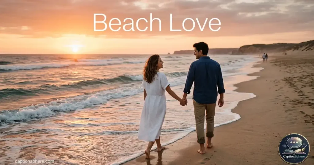 Couple holding hands while walking along a sandy beach at sunset.