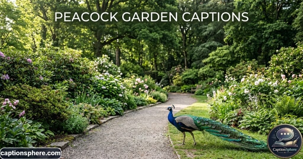 Peacock walking beside a landscaped garden path and green shrubs