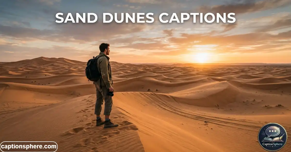 Traveler standing among golden sand dunes at sunset