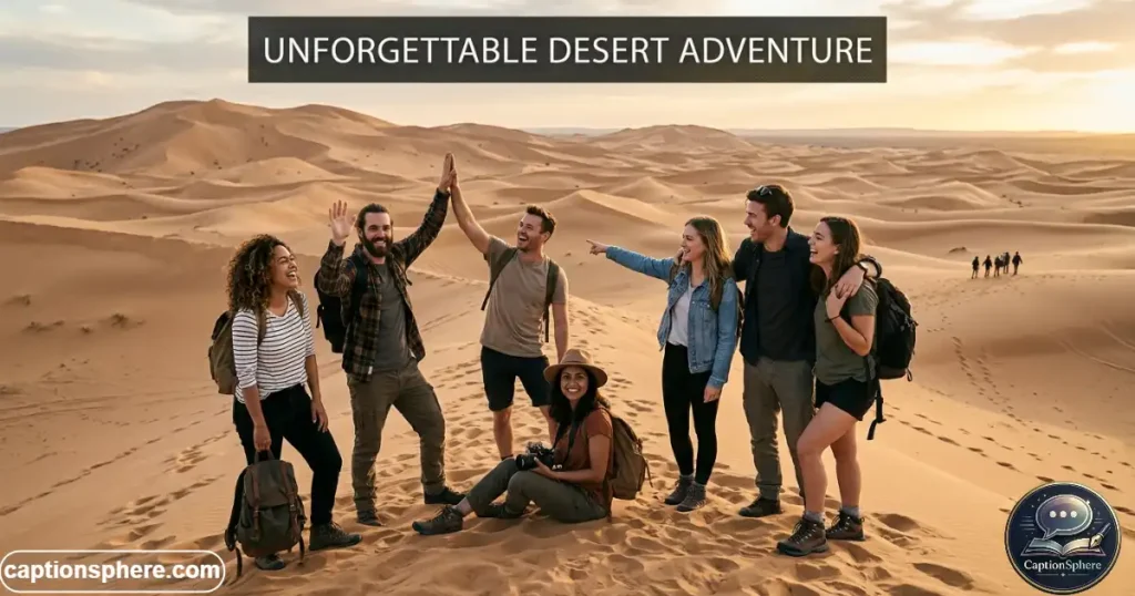 Group of friends posing on sandy desert dunes