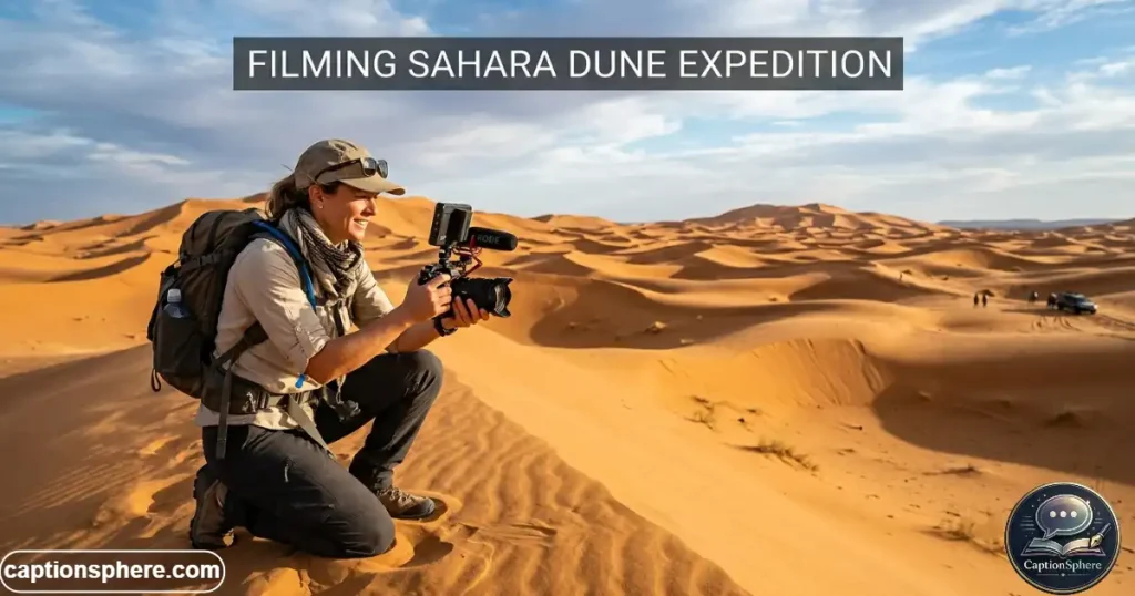 Traveler recording desert video among sand dunes