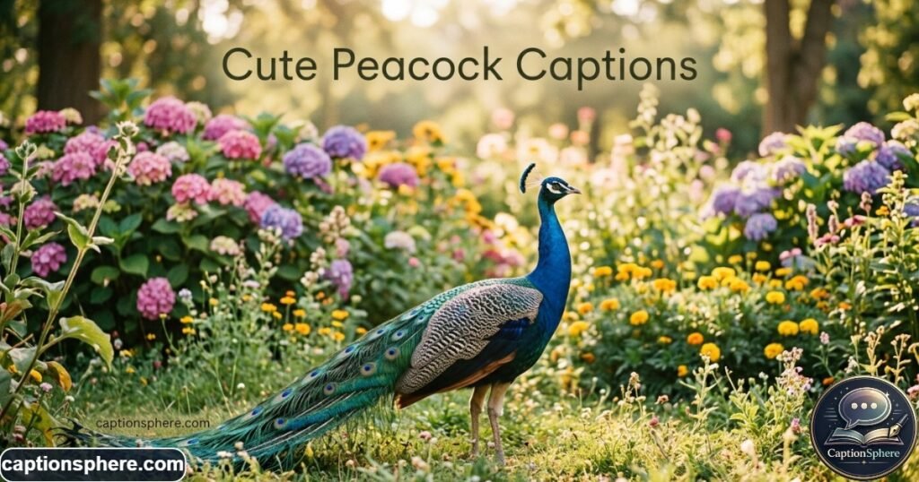 Peacock standing curiously near flowers in soft morning light