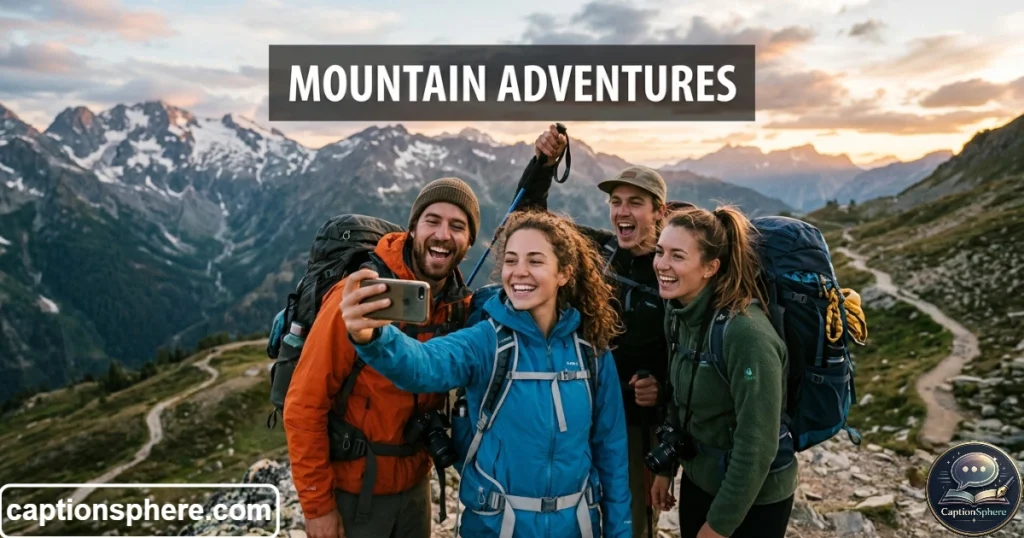 Traveler taking selfie with friends during outdoor adventure