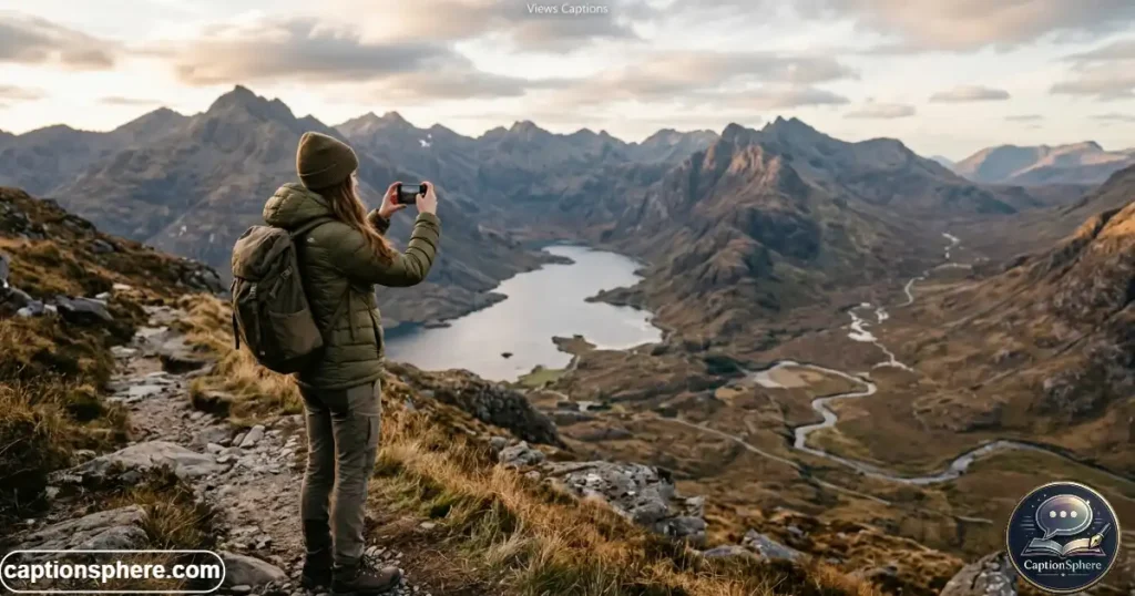Traveler photographing wide mountain landscape outdoors