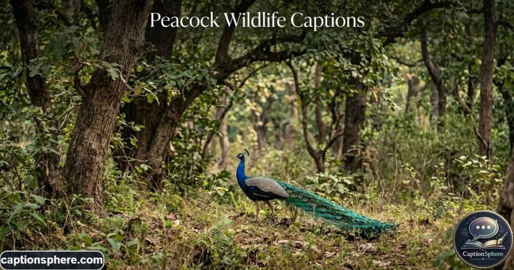 Peacock standing beneath trees in a natural outdoor setting