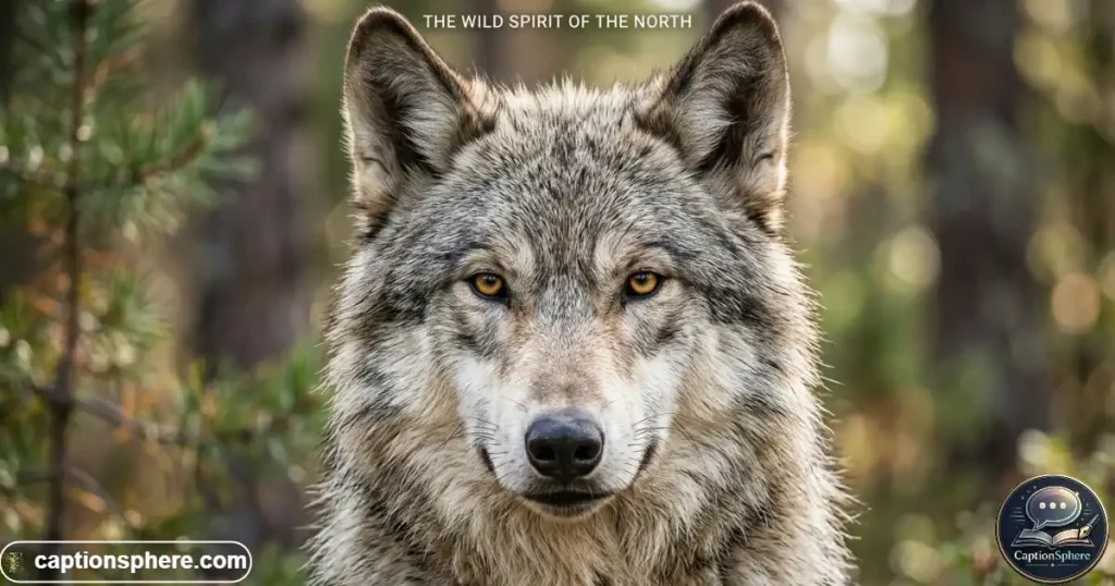 Close-up wolf portrait showing detailed fur and eyes