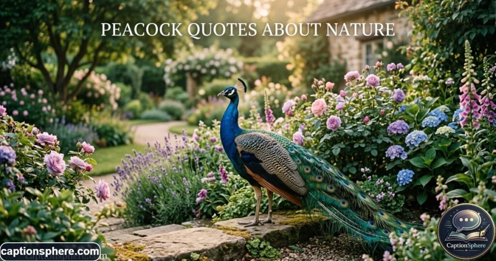 Peacock standing quietly beside flowering plants in a peaceful garden