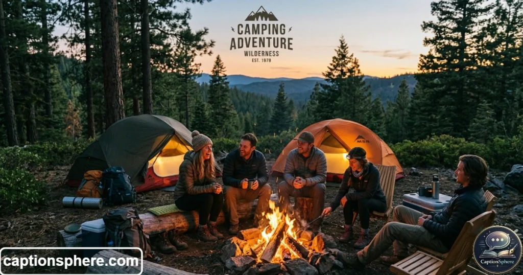 Campers relaxing near tent and outdoor campfire