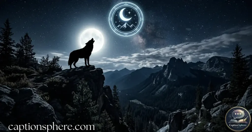 Wolf silhouette beneath moonlit night sky