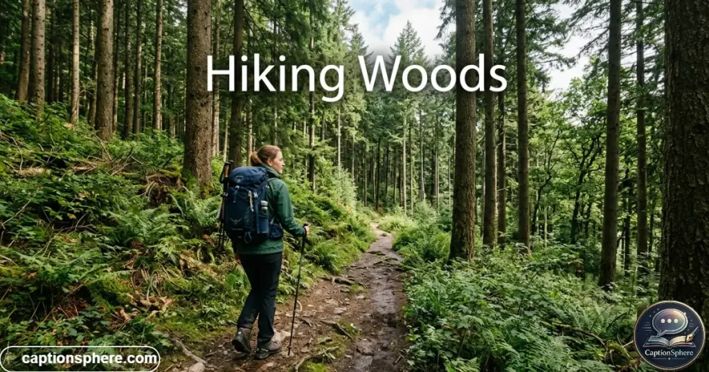Hiker walking on forest trail surrounded by tall trees and greenery
