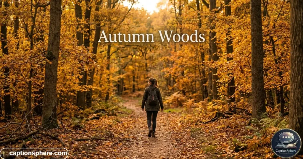 Person walking through autumn forest covered with colorful fallen leaves