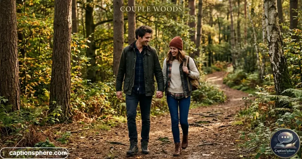 Couple walking together on peaceful woodland path outdoors