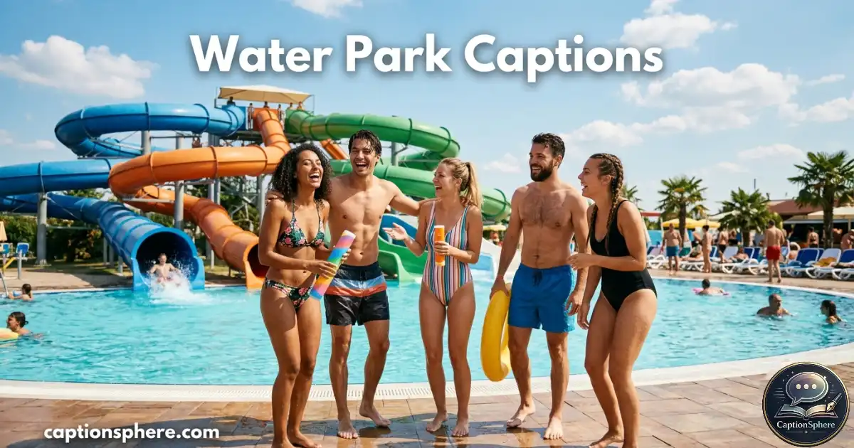 Friends enjoying a sunny water park with slides and pools