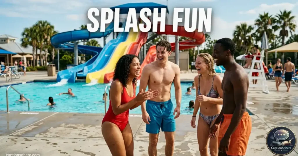Friends laughing beside a water slide and pool area