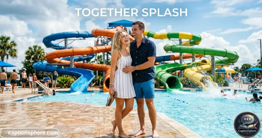 Couple smiling together beside a water park pool
