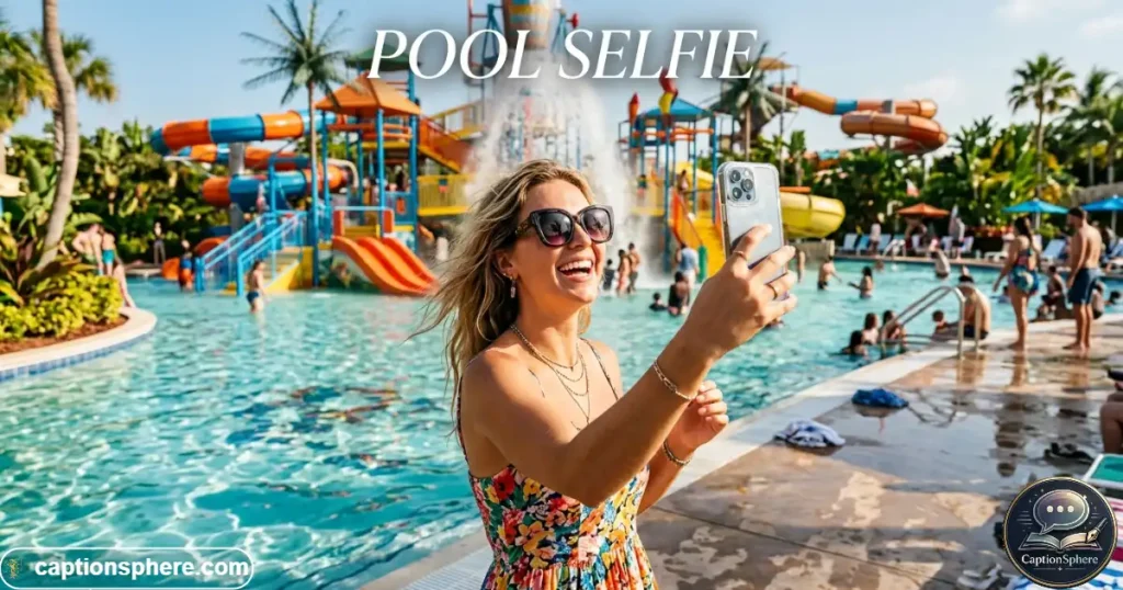 Person taking a selfie beside a bright water park pool